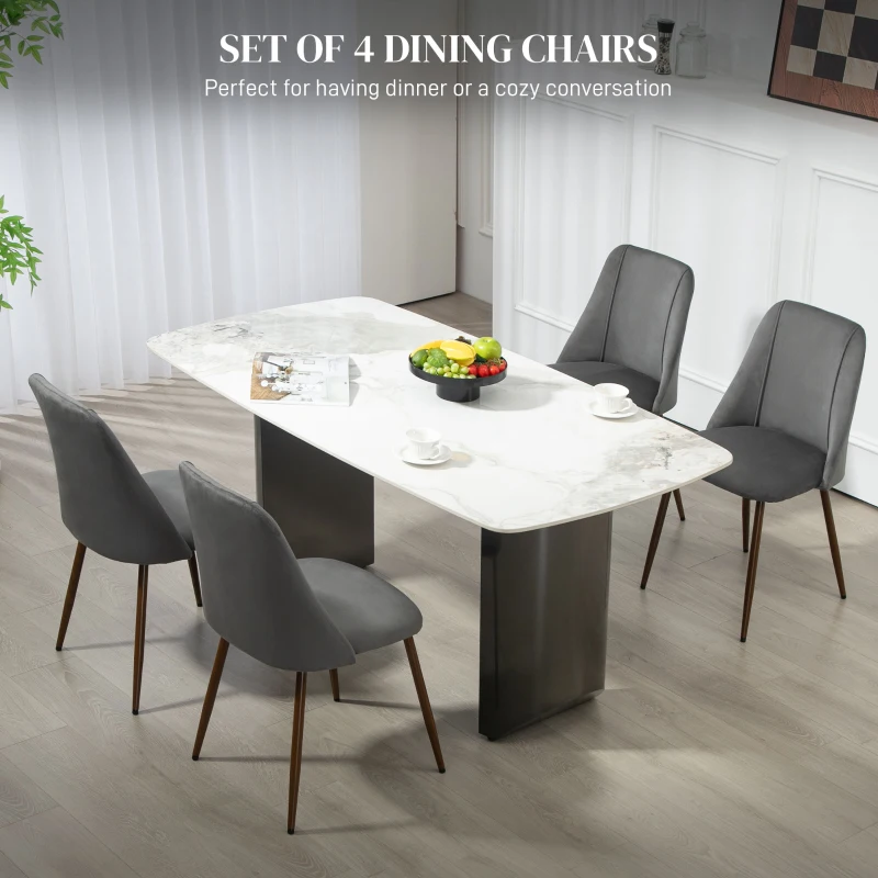 HOMCOM Upholstered Dining Chairs Set of 4, Velvet Accent Chair with Back and Wood-grain Steel Leg for Kitchen, Dark Grey