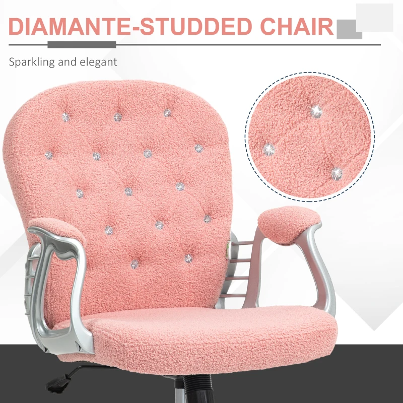 Vinsetto Button Tufted Desk Chair, Home Office Chair with Padded Armrests, Adjustable Height and Swivel Wheels, Pink
