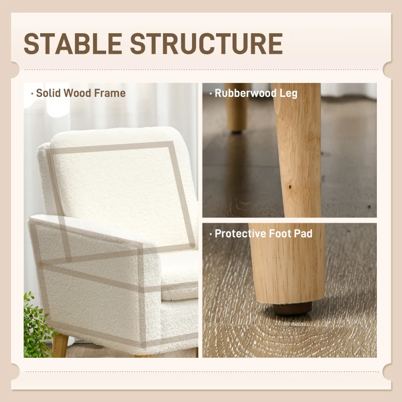 HOMCOM Fabric Accent Chair, Modern Upholstered Armchair with Wood Legs and Wide Padded Seat, Cream White