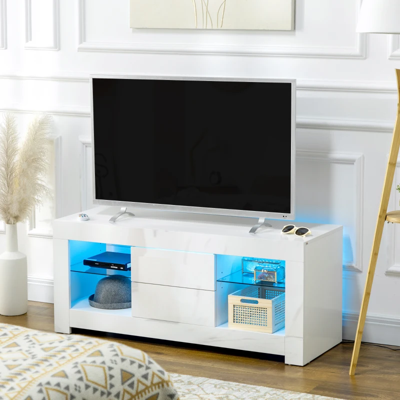 HOMCOM TV Stand with LED Lights for TVs up to 55", TV Cabinet with Storage Shelves and Drawers, 47.2"x15.7"x19.7", White
