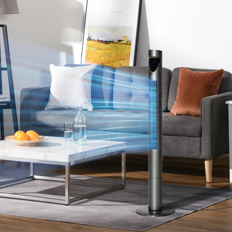 HOMCOM 46 Inch Tower Fan for Bedroom Cooling, 70°Oscillating Fan with 3 Speeds, 12H Timer, and Remote Control, Standing Floor Fan for Home Office, Grey