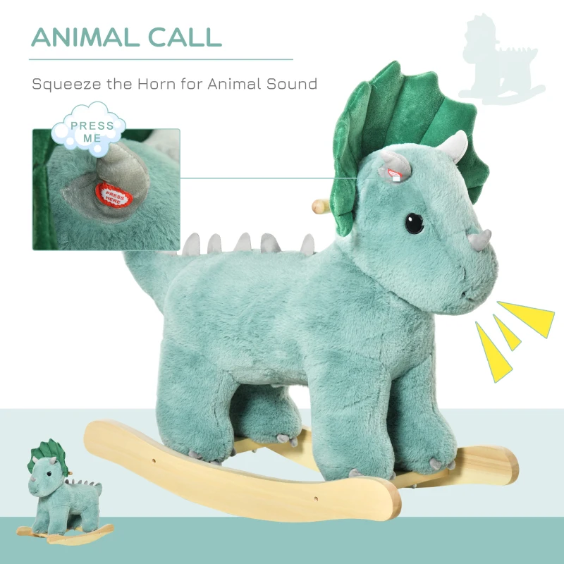 Qaba Kids Plush Ride-On Rocking Horse Triceratops-shaped Plush Toy Rocker with Realistic Sounds for Child 36-72 Months Dark Green