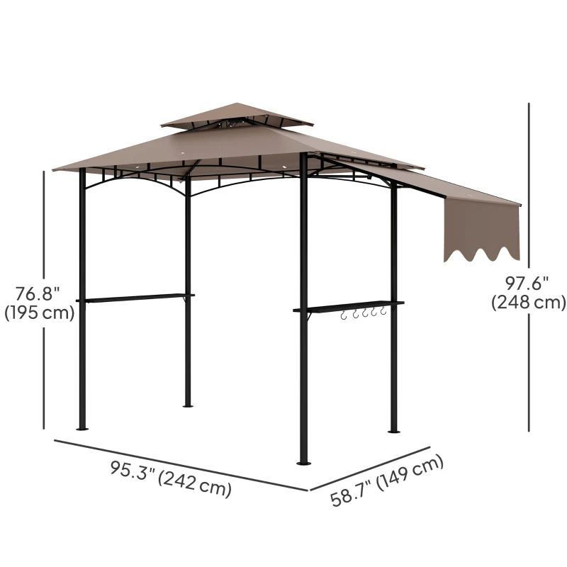 Outsunny 8' x 5' Grill Gazebo, Double Tiered Barbecue Grill Gazebo Shelter with Side Awning, 2 Side Shelves, 6 Hooks, Khaki
