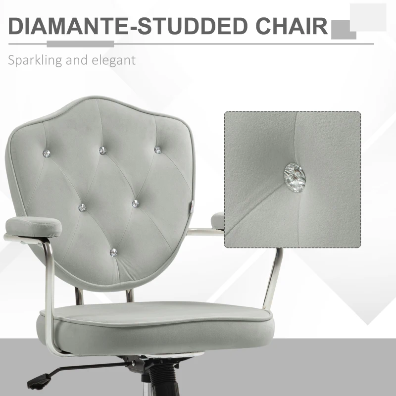 HOMCOM Cute Office Chair, Desk Chair with Button Tufted Velvet-Feel Fabric, Swivel Computer Vanity Chair, Gray