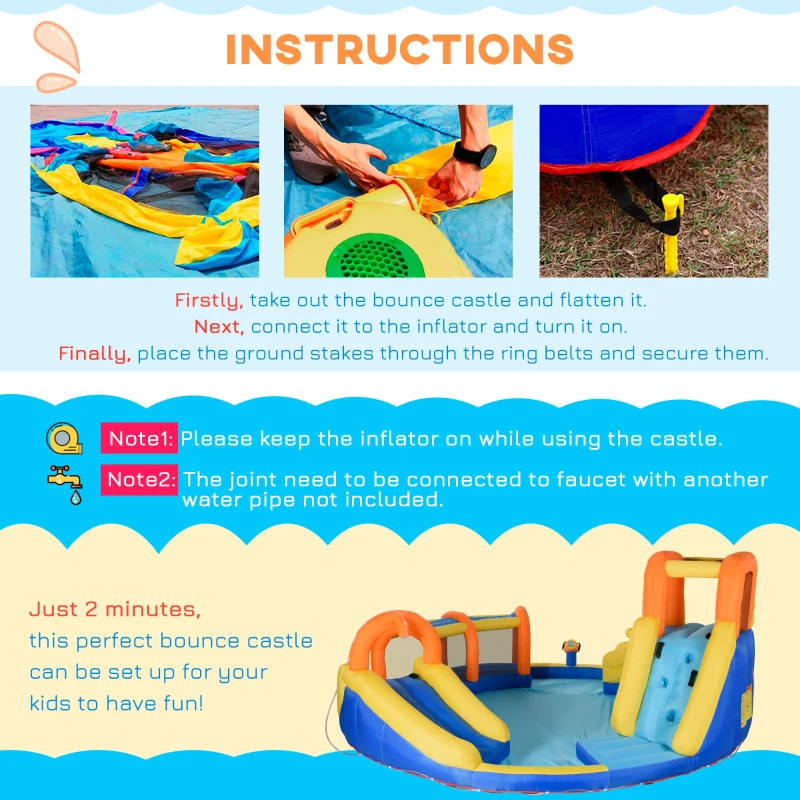 Outsunny 6-in-1 Kids Inflatable Water Slide, Bounce House with Slide, Pool, Water Cannon, Climbing Wall, Tunnel, Hoop, Backyard Inflatable Game for Birthday Party Activities without Air Blower