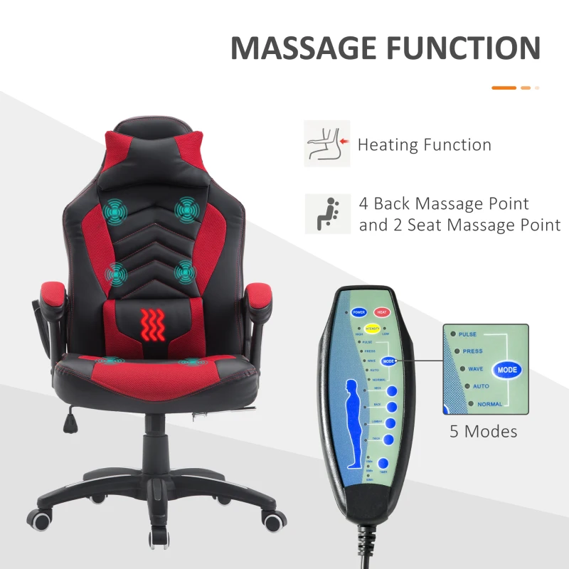 HOMCOM 6 Vibrating Point Massage Computer Gaming Chair 5 Modes, Racing Style Heated Desk Chair Swivel Rolling Chair with Headrest, Red / Black