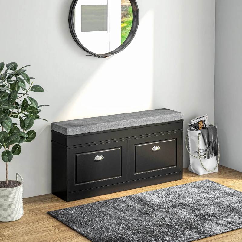 HOMCOM Modern Shoe Storage Bench, Entry Way Bench with Cushion, 2 Drawers, Storage Ottoman Bench, Holds 8 Pairs, Black