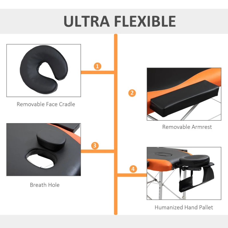 HOMCOM 85" 3 Section Foldable Massage Table Professional Salon SPA Facial Couch Bed (Black/Orange)