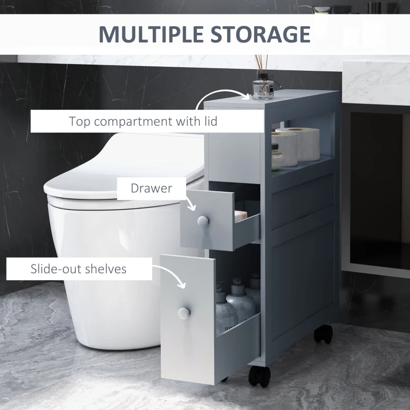 kleankin Bathroom Floor Organizer Free Standing Space Saving Narrow Storage Cabinet Bath Toilet Paper Holder with Drawers Gray