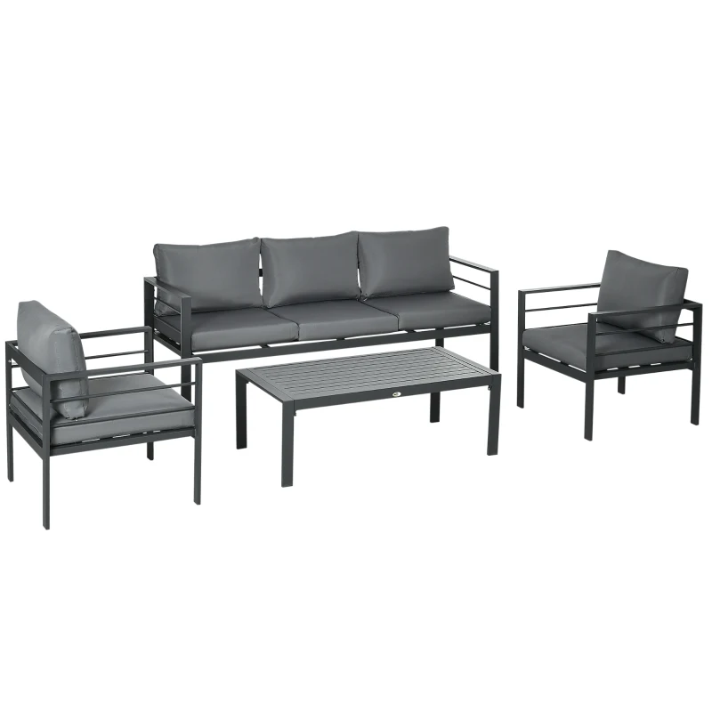 Outsunny Patio Furniture Set 4 Pieces, Outdoor Conversation Set with Water-Resistant Cushions, Coffee Table, 3-Seater Sofa, 2 Chairs for Backyard Porch, Poolside, Balcony, Gray