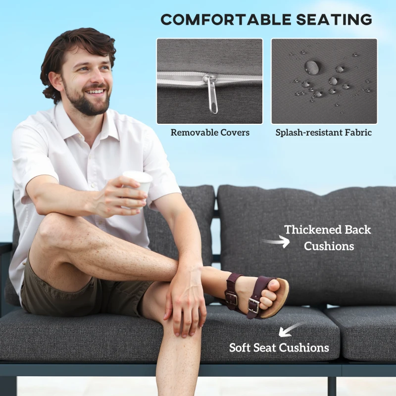 Outsunny 3-Seat Aluminum Outdoor Couch Patio Sofa with Cushions, Wide Seat, Armrests for Garden, Backyard, Balcony, Dark Grey
