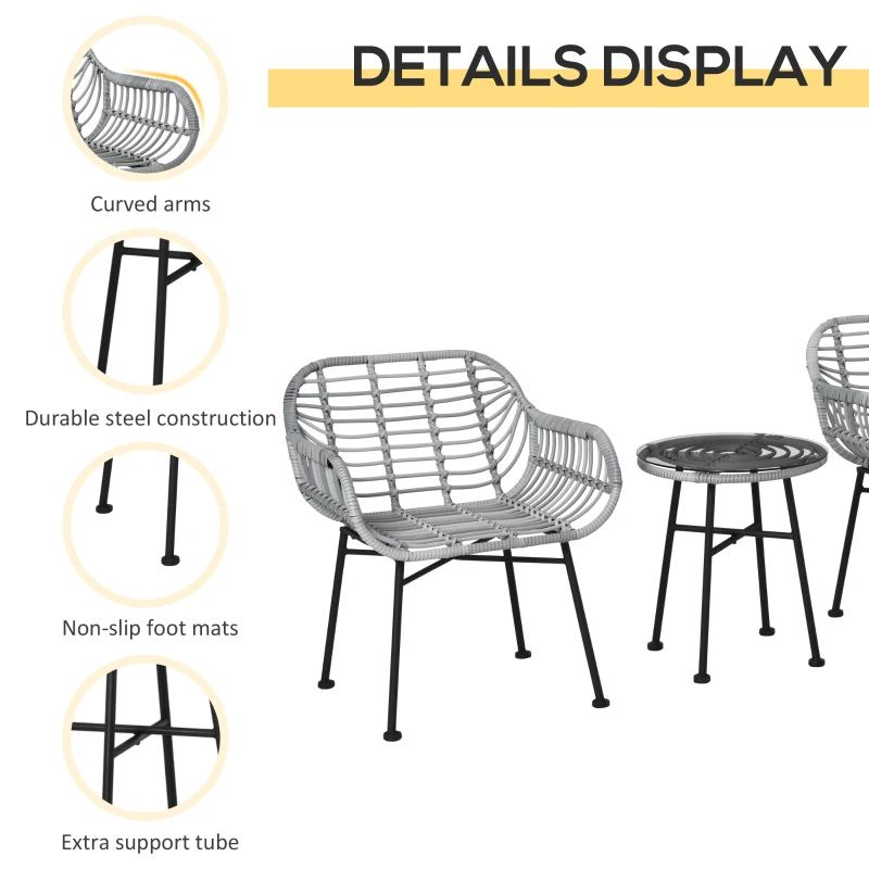 Outsunny 3 Piece Patio Set, Outdoor Bistro Furniture, PE Rattan Wicker Table and Chairs, Cushioned, Cream White