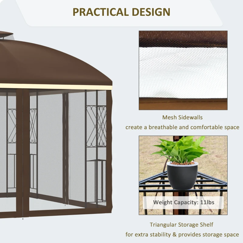 Outsunny 10' x 10' Patio Gazebo with Corner Shelves, Double Roof Outdoor Gazebo Canopy Shelter with Removable Mesh Netting, for Garden, Lawn, Backyard and Deck, Brown
