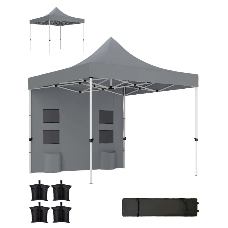 Outsunny 10' x 10' Heavy Duty Pop Up Canopy Tent with Sidewall, UPF50+ Instant Sun Shelter with Storage Pockets, Gray