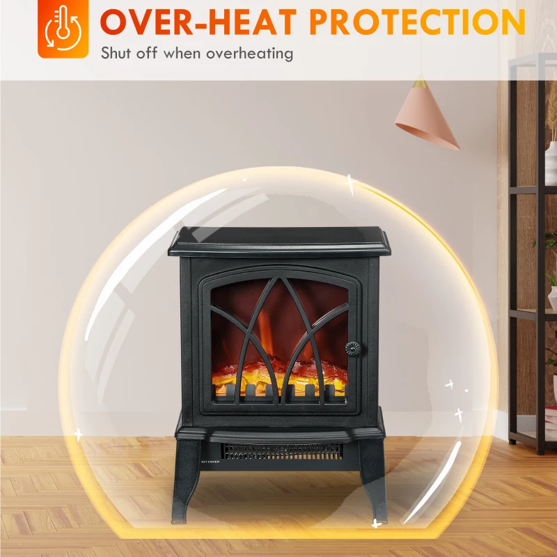 HOMCOM Electric Fireplace Heater, Freestanding Fireplace Stove with Realistic Flames Overheating Protection 750W/1500W, Black