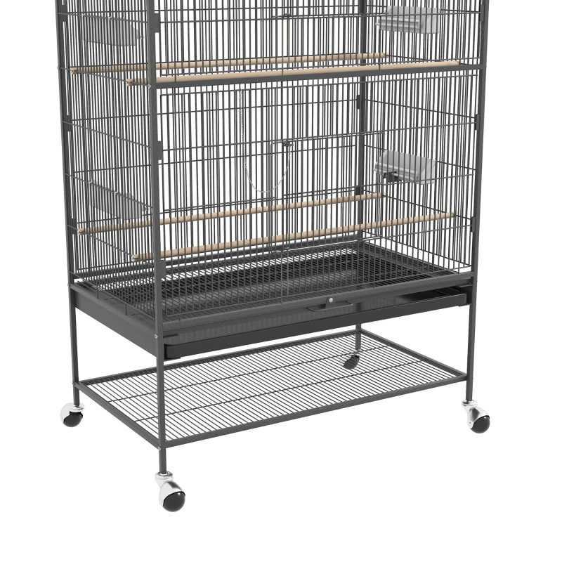 PawHut 60" Bird Cage with Stand for Cockatiels Canaries Lovebirds Finches, Budgie Cage with Wheels, Removable Tray, Storage Shelf