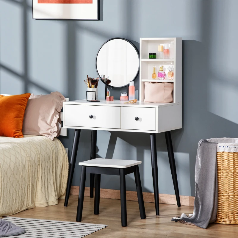 HOMCOM Vanity Table with Stool, Makeup Vanity with Wood Dressing Table with Storage Drawers and Shelf for Bedroom, White and Black