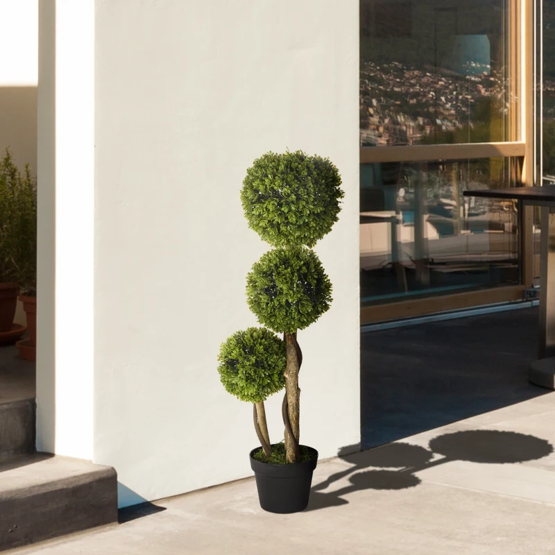 HOMCOM 35.5" Artificial Ball Boxwood Topiary Tree Fake Plant in Pot for Indoor Outdoor Living Room Decoration Light Green
