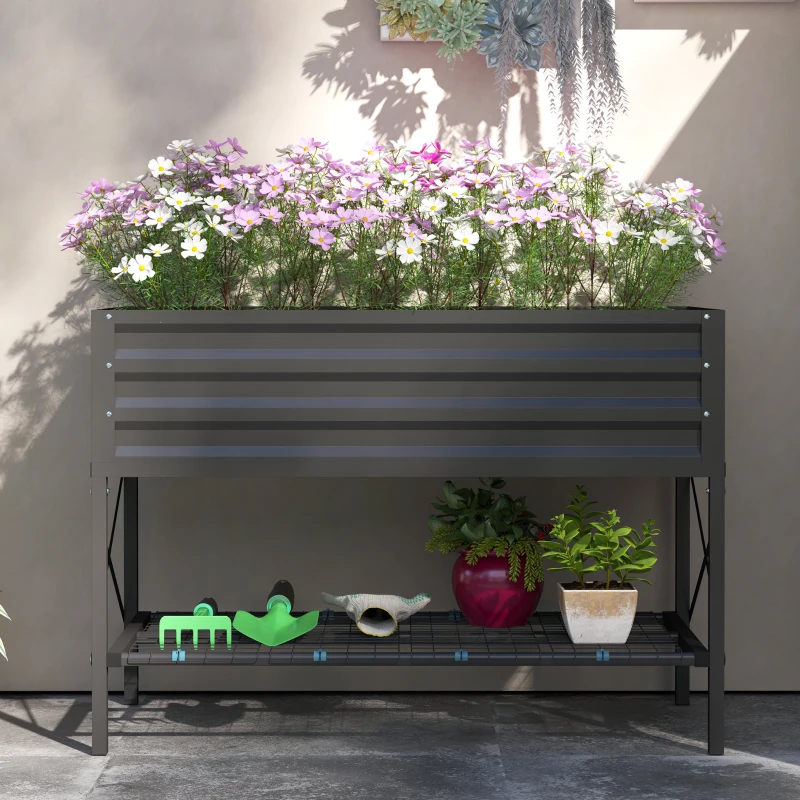 Outsunny Galvanized Raised Garden Bed, Metal Planter Box with Legs, Storage Shelf and Bed Liner, Dark Gray