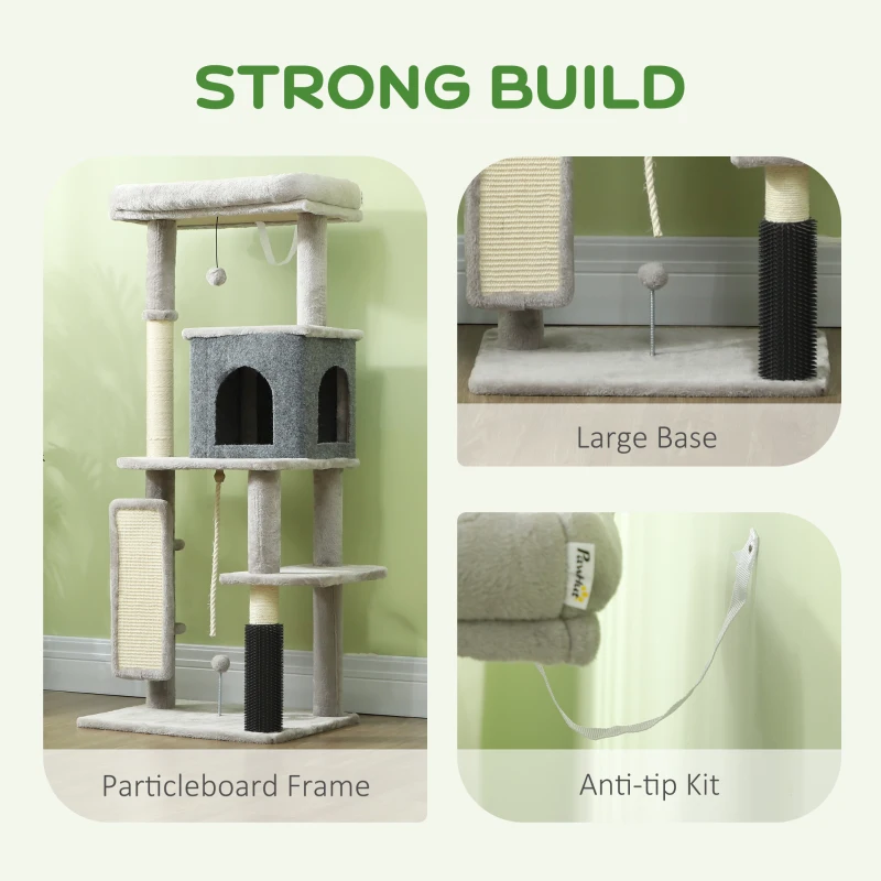 PawHut 52 Inch Cat Tree with Scratching Posts, Cat Bed, Condo, Grooming Brush, Jumping Platforms, Toy Balls, Anti-tip Kit