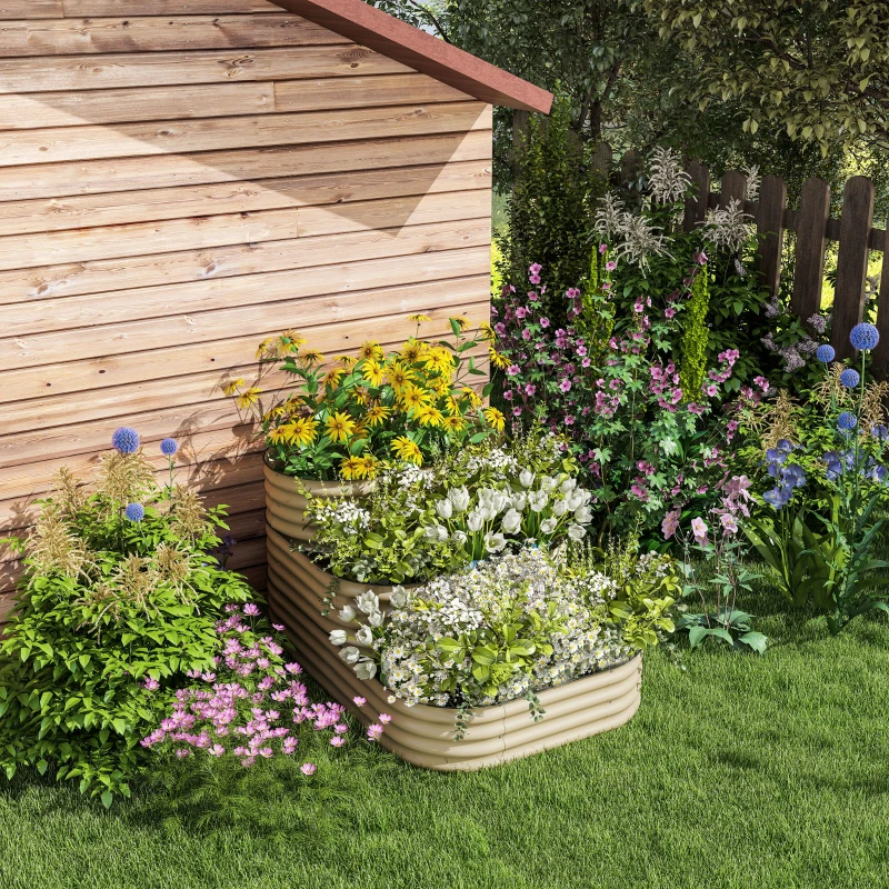 Outsunny 3-Tier Raised Garden Bed Set w/ Safety Edging, Open Bottom for Vegetables, Herbs, Flowers, 62.25" x 43" x 32.25", Cream