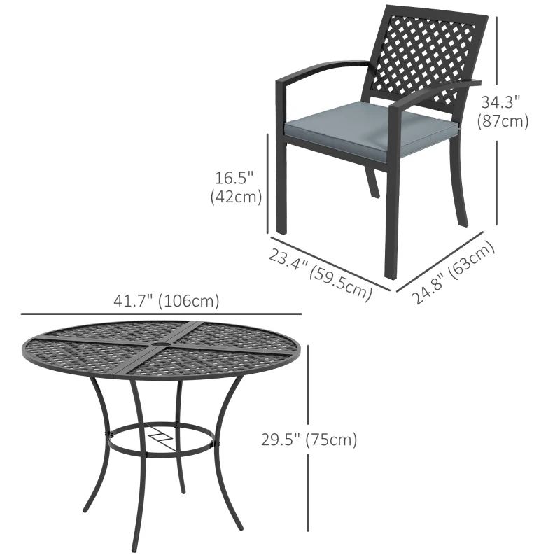 Outsunny 5-Piece Outdoor Dining Set with 4 Stackable Cushioned Armchairs, Patio Furniture Sets with Umbrella Hole Metal Plate Table, for Garden Deck Poolside Lawn Yard, Grey