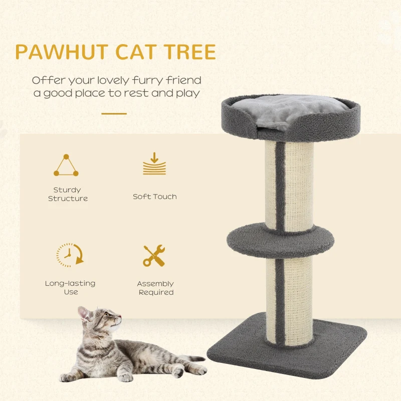 PawHut Cat Tree Kitty Tower with Sisal Mat Scratching Post, Cat Bed, Cushion, Perch, 18" x 18" x 36", Grey