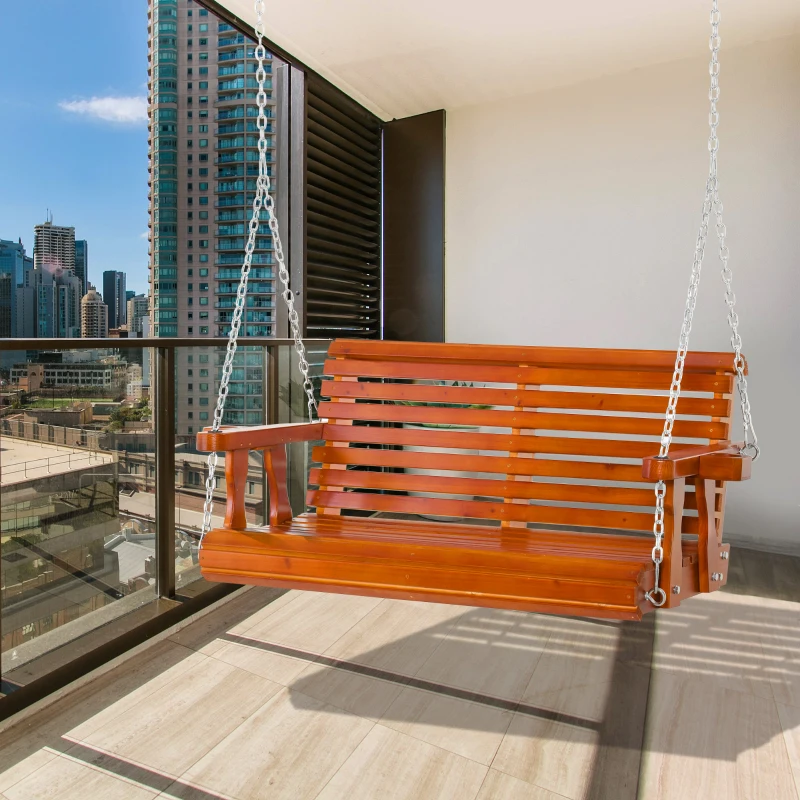 Outsunny Porch Swing with Chains and Cupholders, 2 Person Wooden Patio Swing Chair, 440 lbs. Weight Capacity, for Garden, Poolside, Backyard, Brown