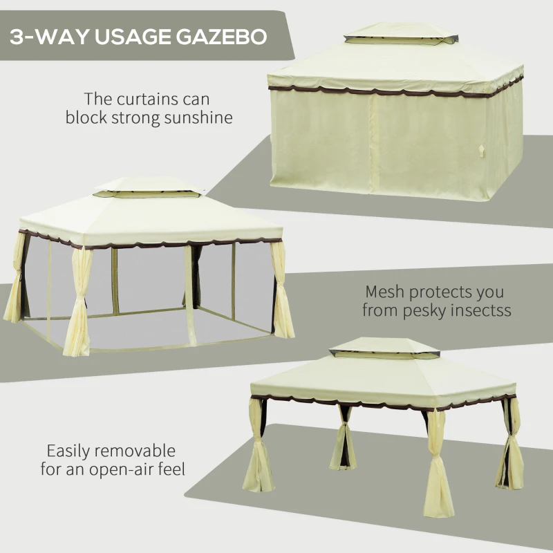Outsunny 10'x13' Soft-top Aluminum Gazebo Deck Canopy Double Tier Garden Shelter with Netting and Curtains, Cream White