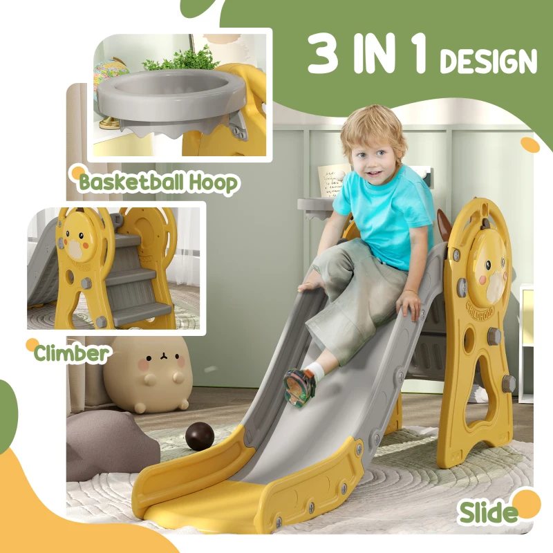 Qaba 3 in 1 Toddler Slide with Basketball Hoop, Climber, Duck Pattern for Kids 1-3 Years, Yellow
