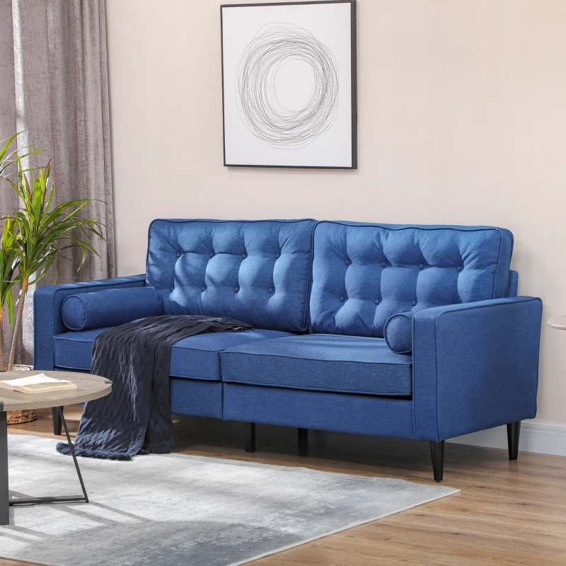 HOMCOM Mid-Century Sofa, Couch with Button-Tufted Back Cushion, Velvet Feel Fabric Upholstery, 2 Cylindrical Pillows and Rubber Wood Legs for Living Room, Dark Blue