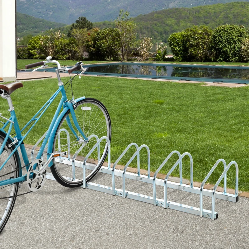 HOMCOM 5-Bike Bicycle Floor Parking Rack Cycling Storage Stand Ground Mount Garage Organizer for Indoor and Outdoor Use