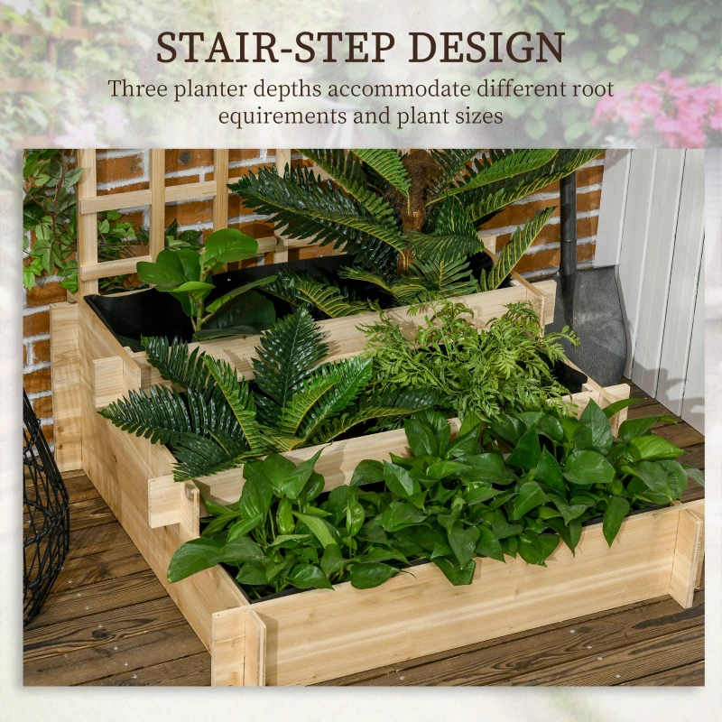 Outsunny Wooden Elevated Planter Box with Trellis for Climbing Plants, 3 Tier Raised Garden Bed for Garden, Outdoor, Natural