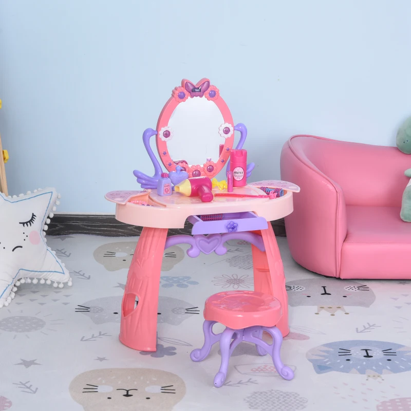 Qaba Kids Vanity Table and Stool, Beauty Pretend Play Set with Mirror, Lights, Sounds & Beauty Makeup Accessories for 3-Year-Olds, Pink