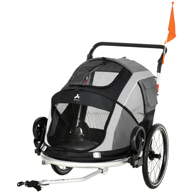 Aosom 2-in-1 Folding Pet Bike Trailer for Small Dogs, Road-Visibility Bicycle Stroller, Weather-Strong Bike Wagon Trailer Sidecar Attachment, Grey