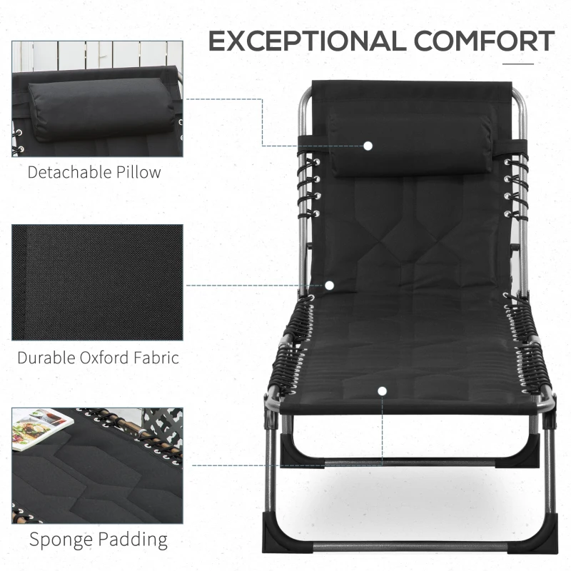 Outsunny Folding Chaise Lounge Chair, Outdoor Padded Reclining Chair with 5-position Adjustable Backrest, Pillow and Pocket for Patio, Deck, Beach, Lawn and Sunbathing, Black