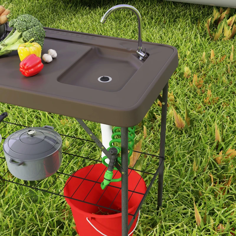 Outsunny Folding Fish Cleaning Table with Sink, Portable Camping Table with Faucet, Drainage Hose, Sprayer and Shelf, Tan