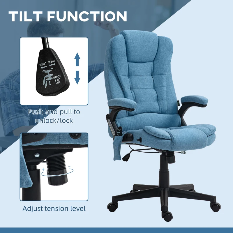Vinsetto 6 Point Vibrating Massage Office Chair with Heat, Linen High Back Massage Desk Chair w/ Reclining Backrest, Light Blue