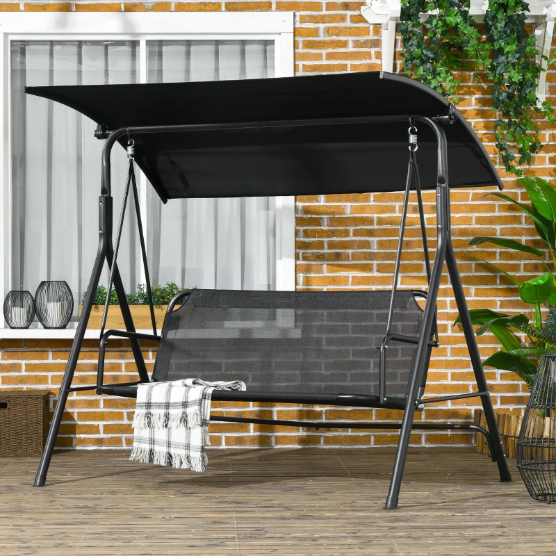 Outsunny 3-Seat Outdoor Patio Swing Chair w/ Cushion, Steel Frame Stand, Adjustable Tilt Canopy for Patio, Garden, Black 1