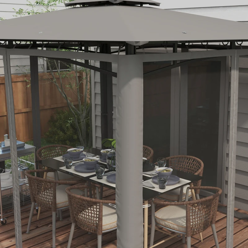 Outsunny 10' x 12' Outdoor Gazebo with Nettings, 2 Tier Patio Gazebo Canopy for Garden, Backyard, Deck, Dark Gray