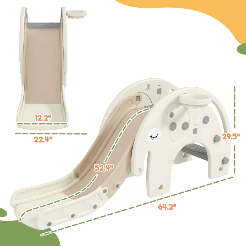 Qaba 3 in 1 Toddler Slide for Years 1-3 w/ Basketball Hoop, Climber, Elephant-Themed