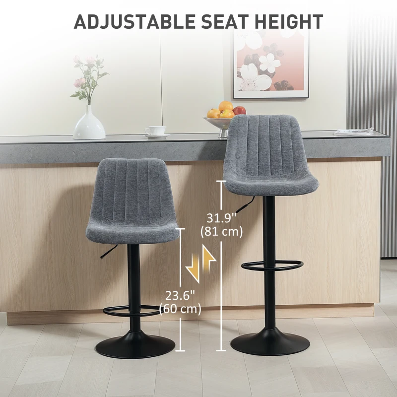 HOMCOM Adjustable Barstools Set of 2, Swivel Bar Stools with Back and Footrest for Kitchen Island Counter, Charcoal Grey