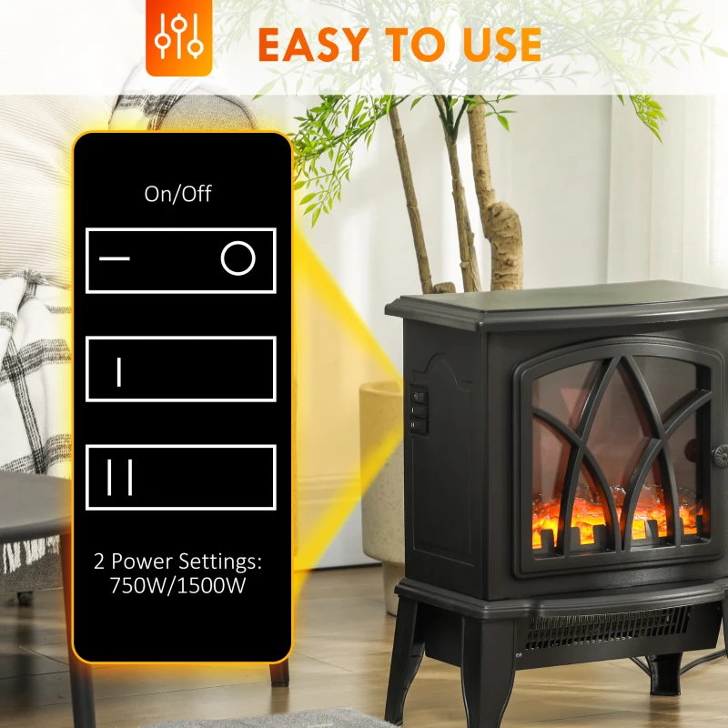 HOMCOM Electric Fireplace Heater, Freestanding Fireplace Stove with Realistic Flame and Overheat Protection, 750W/1500W, Black