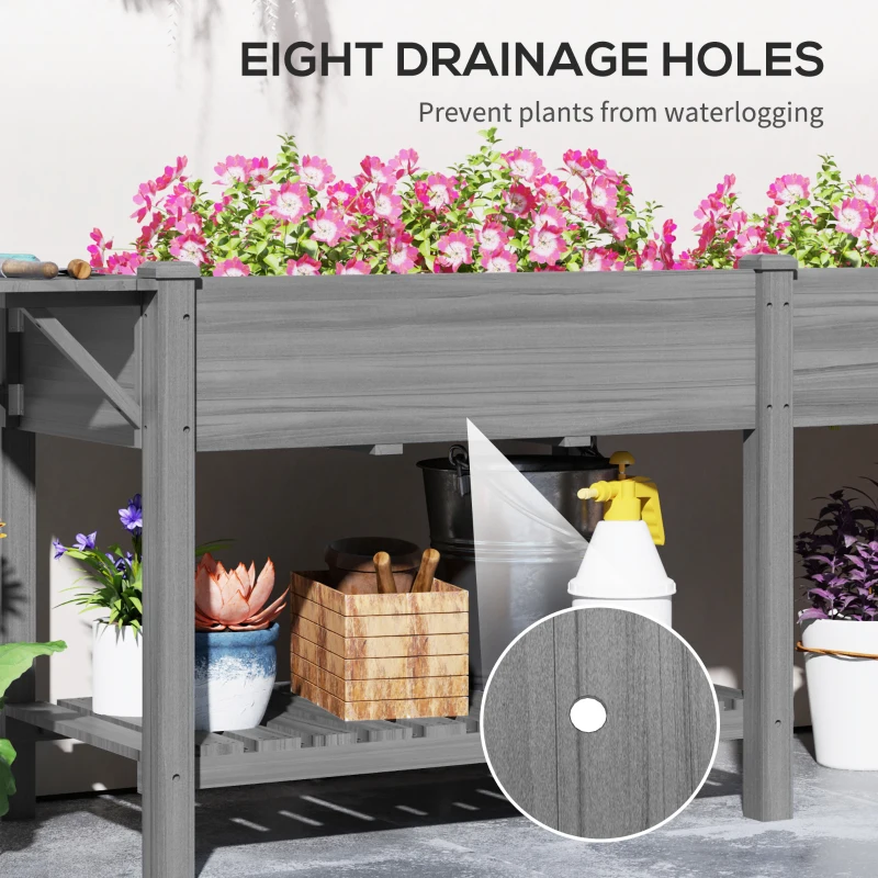 Outsunny Wood Raised Garden Box, Elevated Garden Bed with Side Table, Bottom Shelf, Bed Liners and Drainage Holes, Gray
