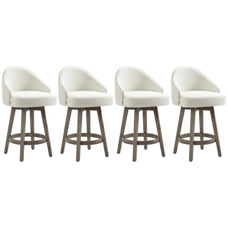 HOMCOM 26" Counter Height Bar Stools, Linen Fabric Kitchen Stools with Nailhead Trim, Rubber Wood Legs and Footrest for Dining Room, Counter, Pub, Set of 4, Cream White