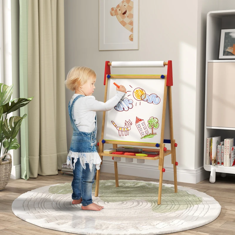 Qaba 3 in 1 Easel for Kids with Paper Roll, Whiteboard, Chalkboard, Double Sided & Adjustable Height, Nature Wood