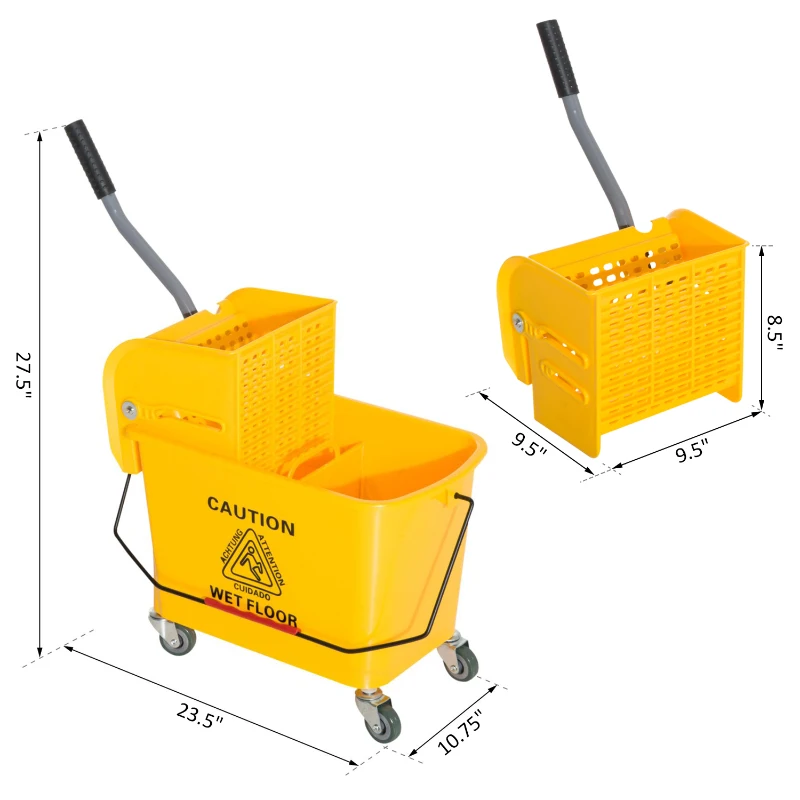 HOMCOM Compact Mop Bucket with Wringer, Mop Bucket on Wheels, 5 Gallon, Separate Dirty and Clean Water, Yellow