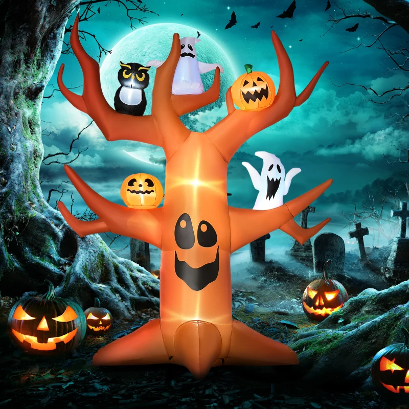 Outsunny 9ft Halloween Inflatables Outdoor Decorations, Haunted Tree with Pumpkin, Ghosts and Owl, Blow Up LED Yard Decor for Garden, Lawn, Party, Holiday, Waterproof