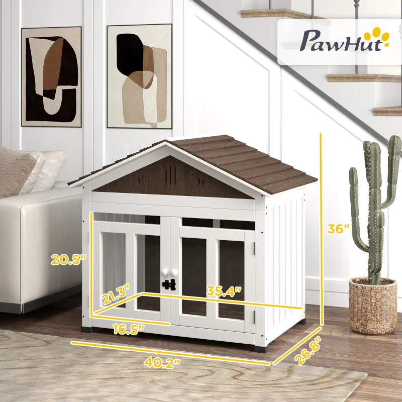 PawHut 40"L Wooden Dog House Outdoor Indoor for Small, Medium, Large Dogs, with Air Vents & Elevated Removable Floor