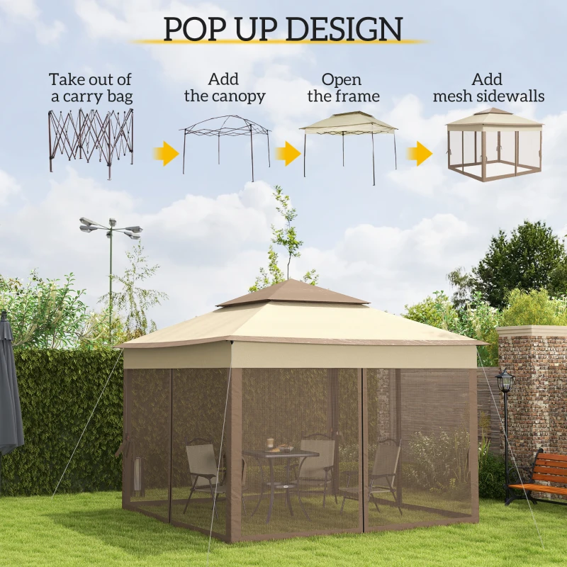 Outsunny 11' x 11' Pop Up Canopy, Outdoor Patio Gazebo Shelter with Removable Zipper Netting, Instant Event Tent w/ 114 Square Feet of Shade and Carry Bag for Backyard, Garden, Khaki